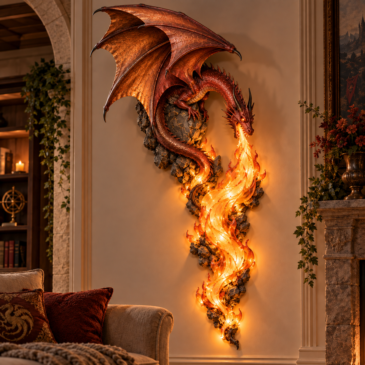 Dragonfire Guardian illuminated dragon wall sconce in a warm fantasy living room