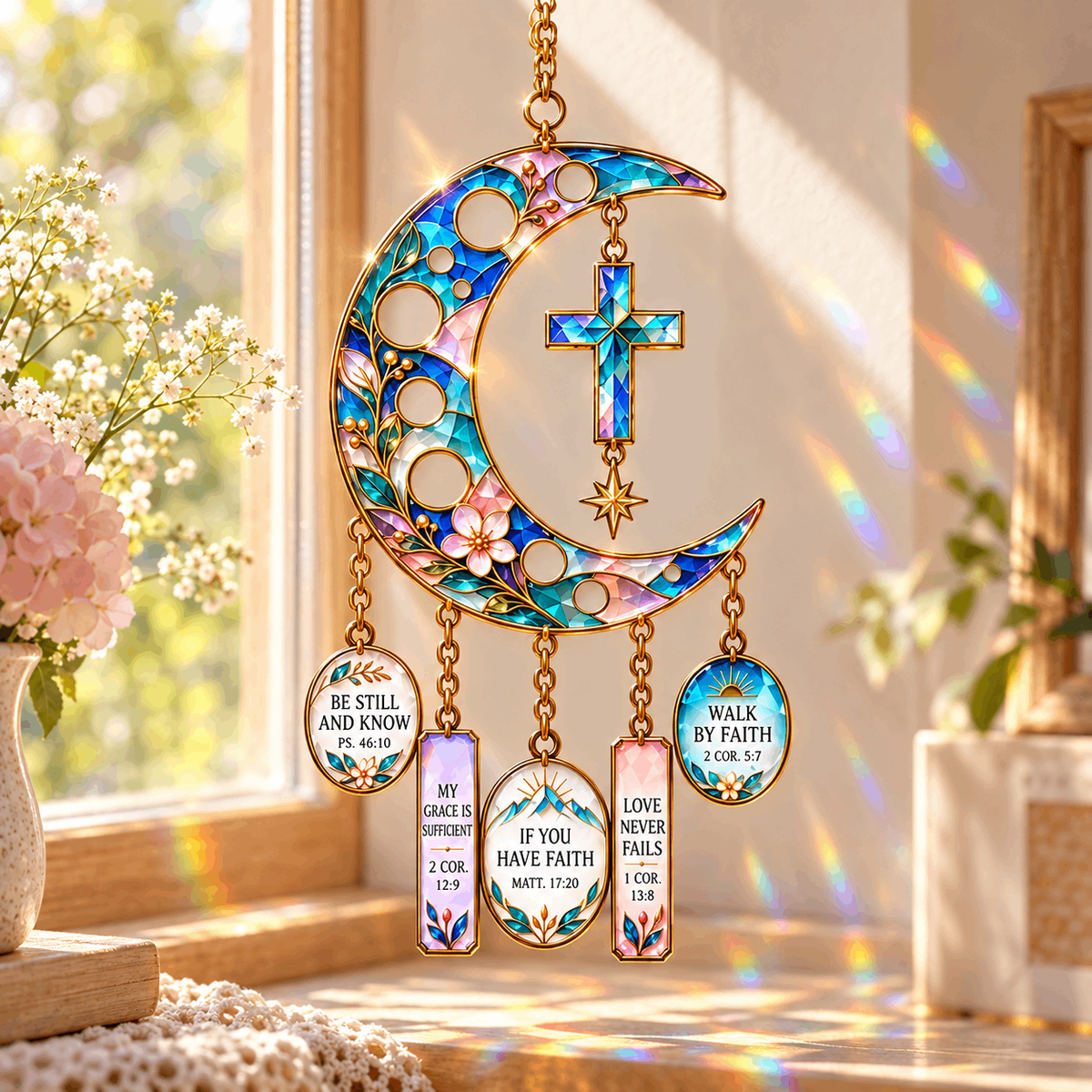 ✨🌙 Crescent Moon of Faith – Scripture Cross Hanging Ornament✝️