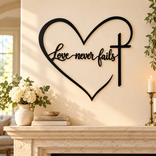 ❤️ Love Never Fails – Heart & Cross Wall Decor