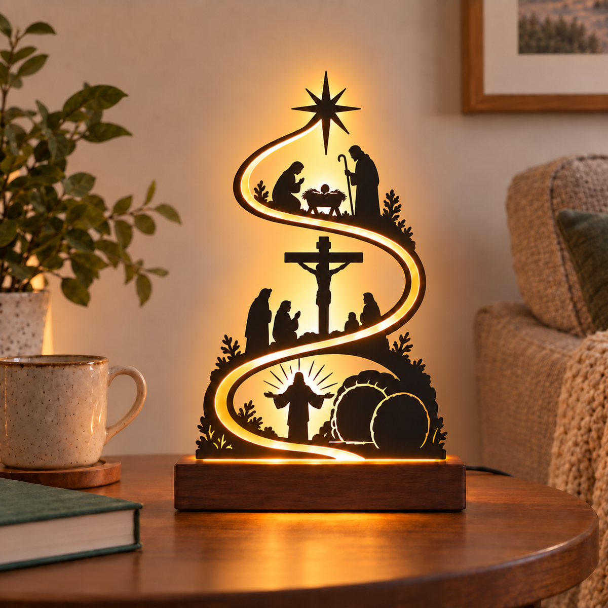 Jesus story silhouette lamp glowing on a side table