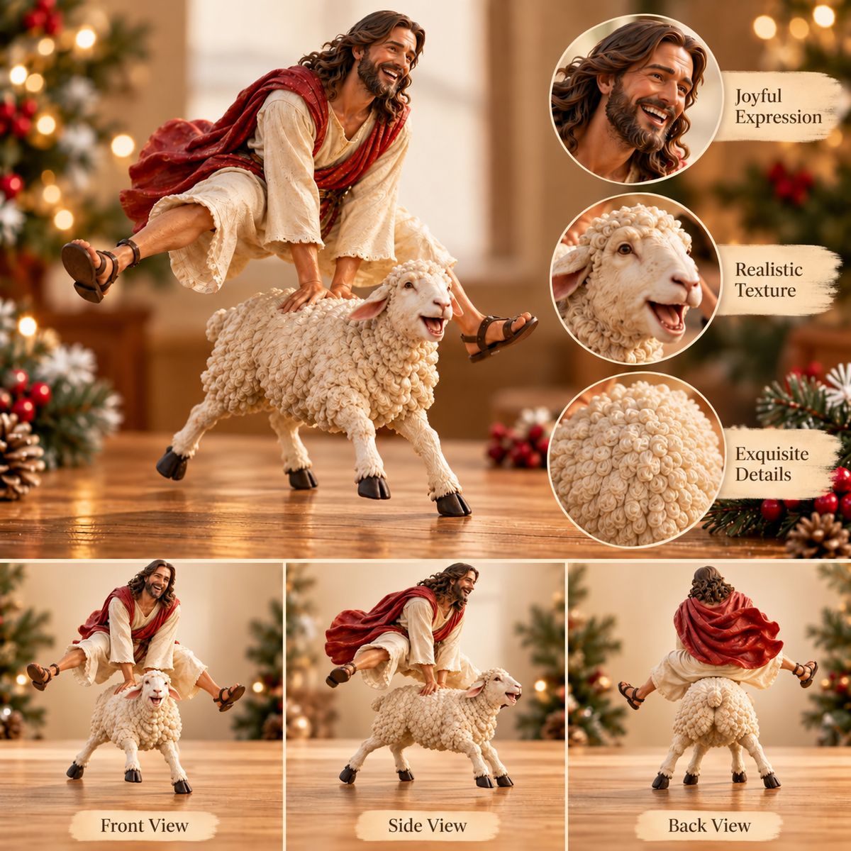Detailed front side and back views of the joyful Jesus and sheep sculpture