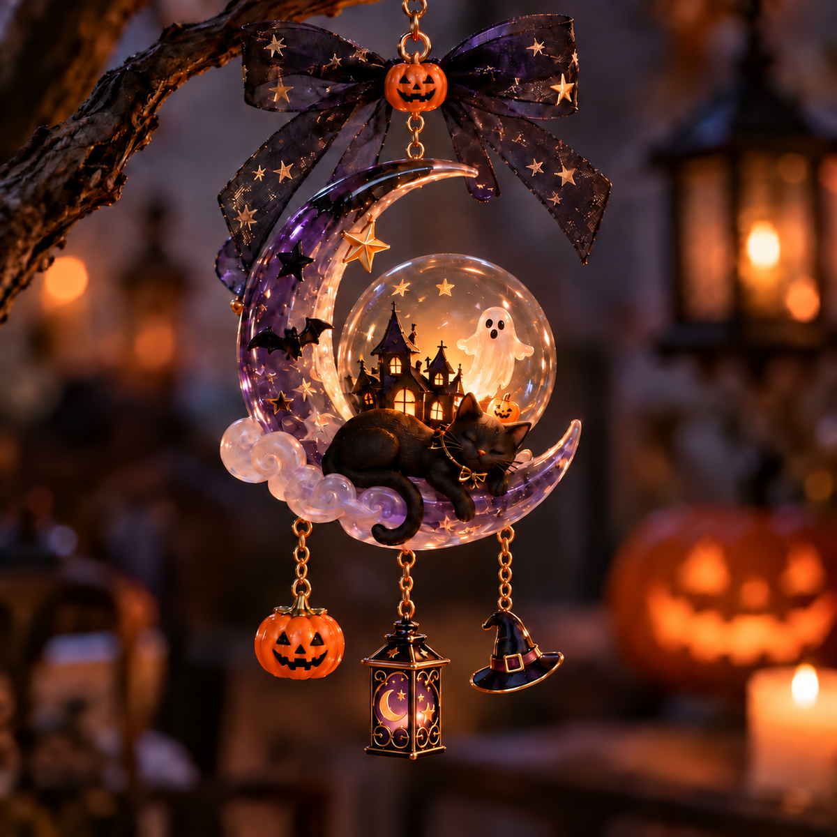 🌙 Handcrafted Enchanting Black Cat Moon Lamp – Halloween Hanging Decorations
