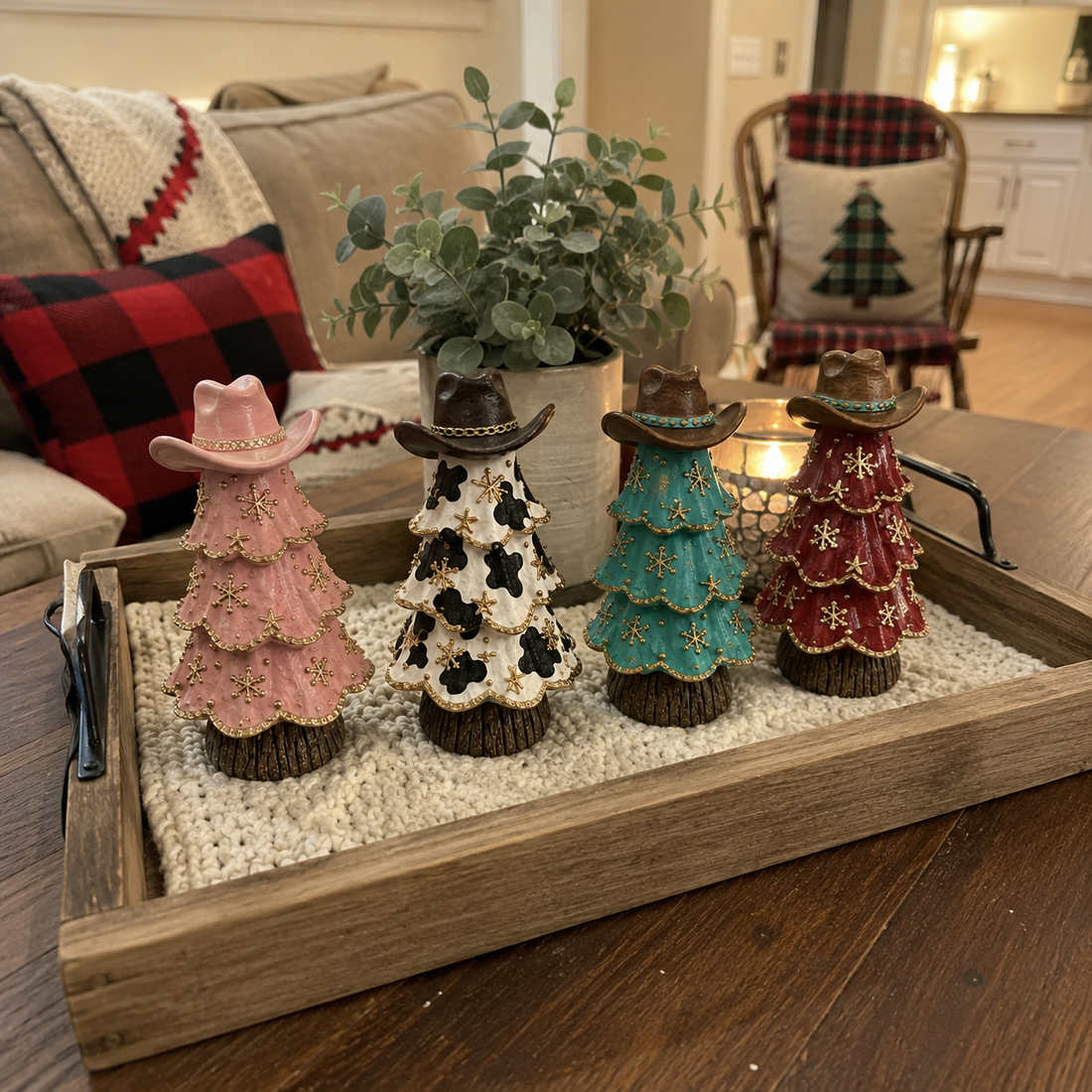 Western Christmas Tree collection in wooden tray