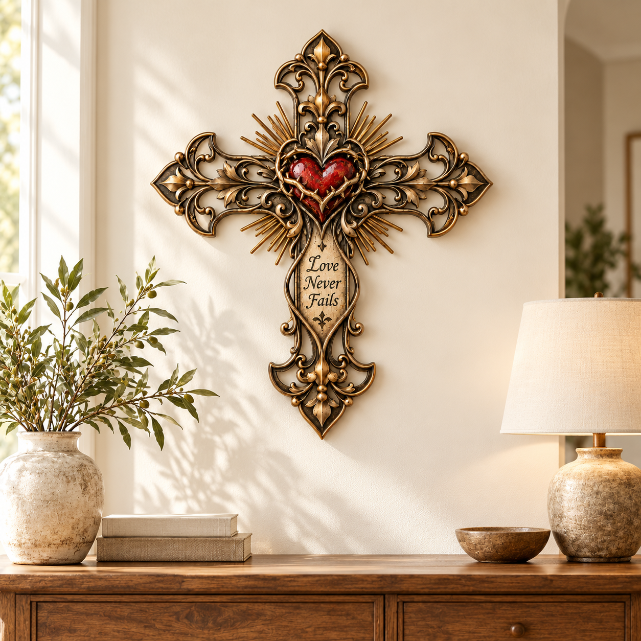Sacred heart metal cross displayed above a wood console in a home