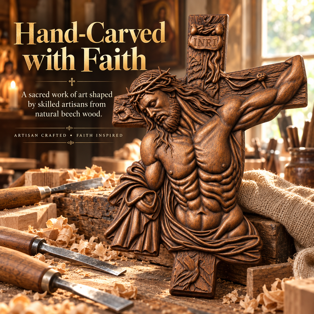 Faith & Grace™ Hand-Carved Wooden Crucifix – Jesus Christ Wall Cross