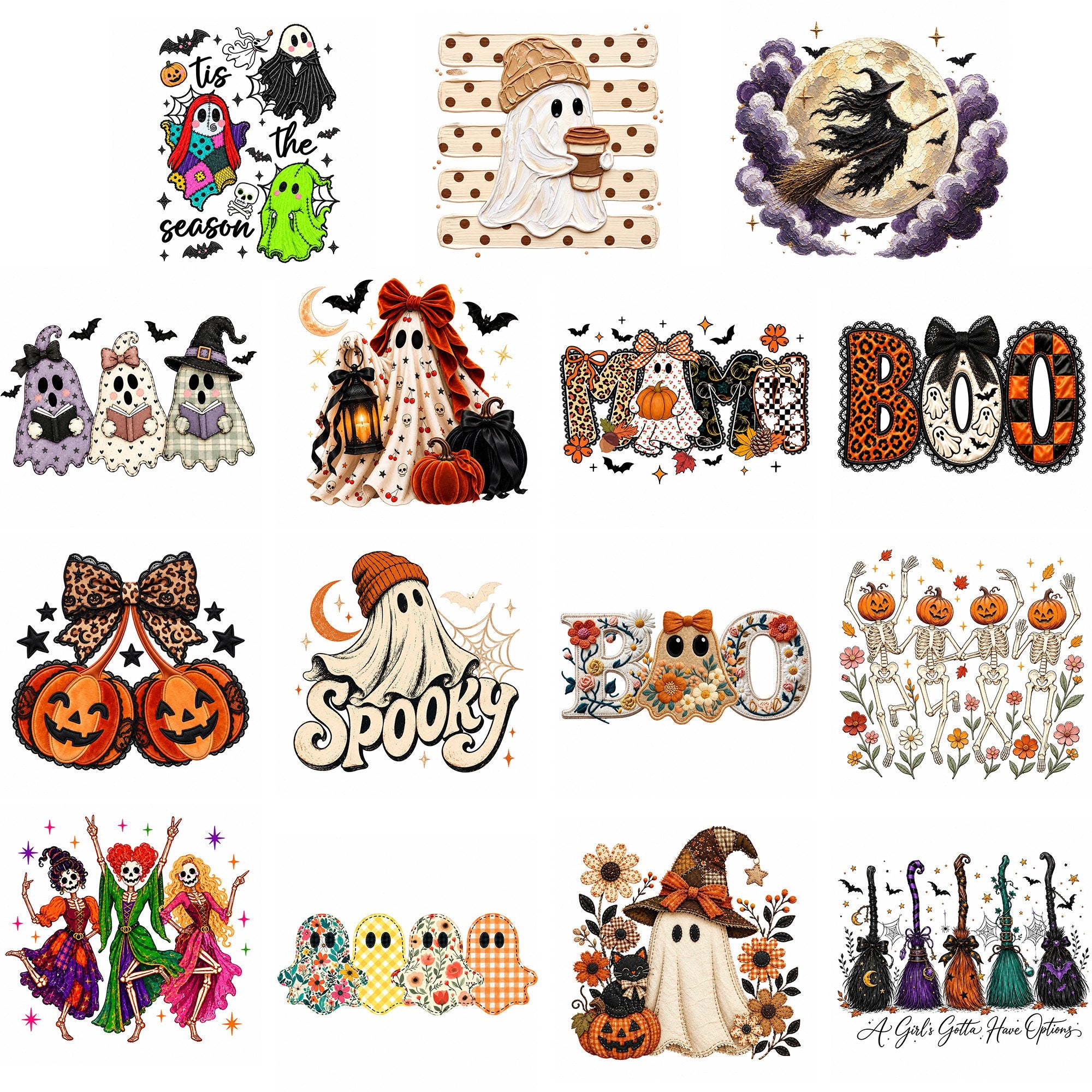 Full Halloween collection showing fifteen transfer designs with ghosts, pumpkins, witches and autumn patterns