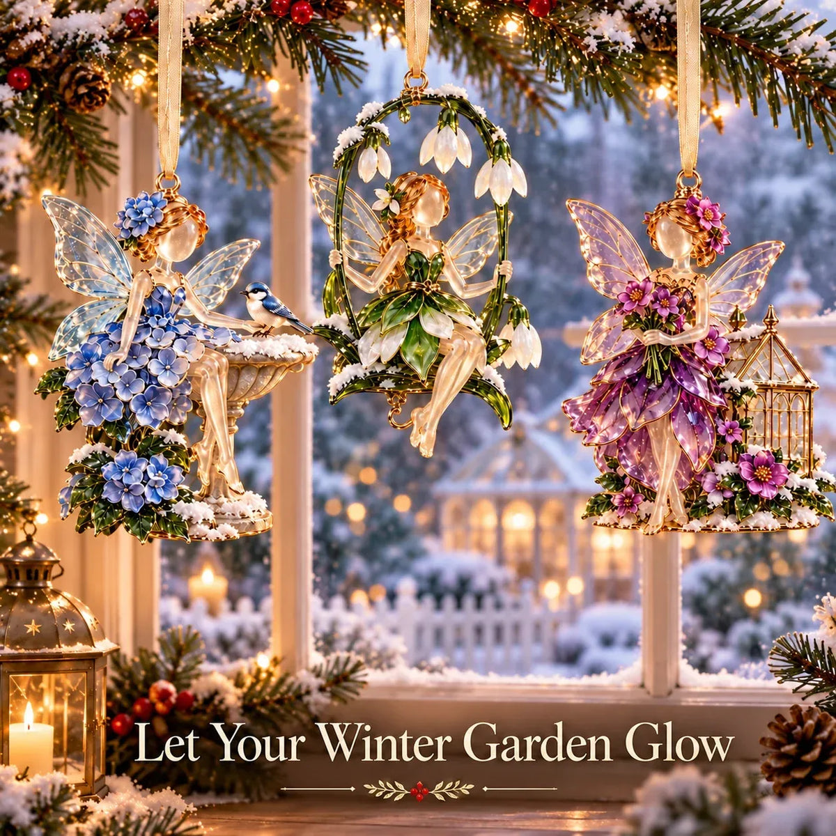 Blue, green and purple garden fairy ornaments displayed by a winter window