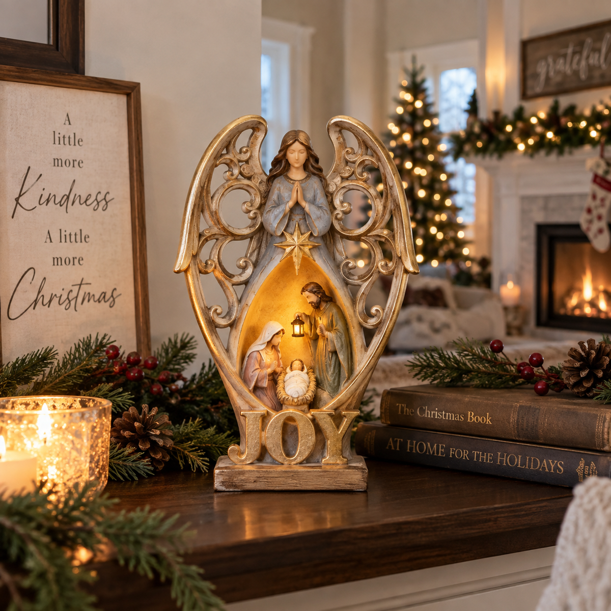 Angel of Joy Holy Family Nativity scene illuminated by soft warm inner lighting