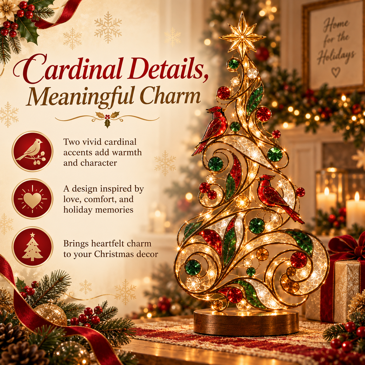 Lighted Stained Glass-Inspired Christmas Tree Tabletop Decor with Cardinal