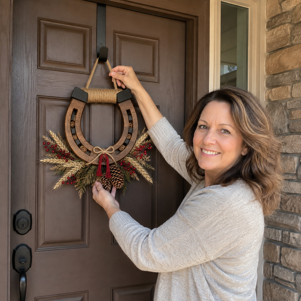 Woman hanging Good Luck Lives Here horseshoe wreath on front door