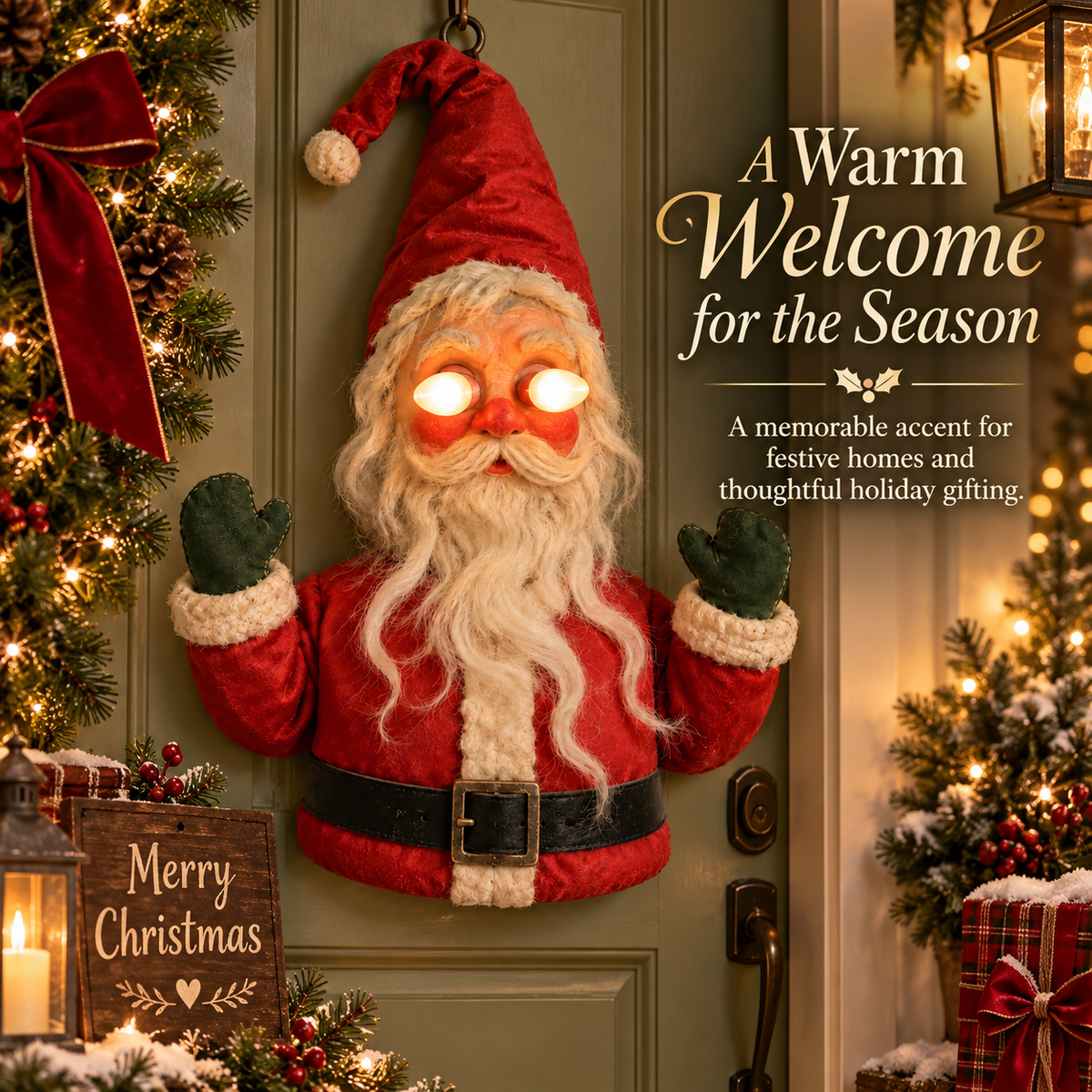 🎅👁️Santa After Dark – Vintage Glowing-Eye Door Guardian