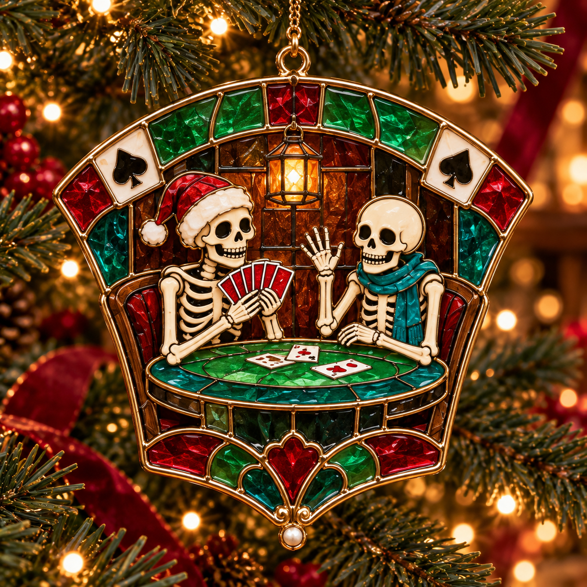 ✨Friends for Eternity – Vintage Stained Glass Style Skeleton Christmas Ornaments