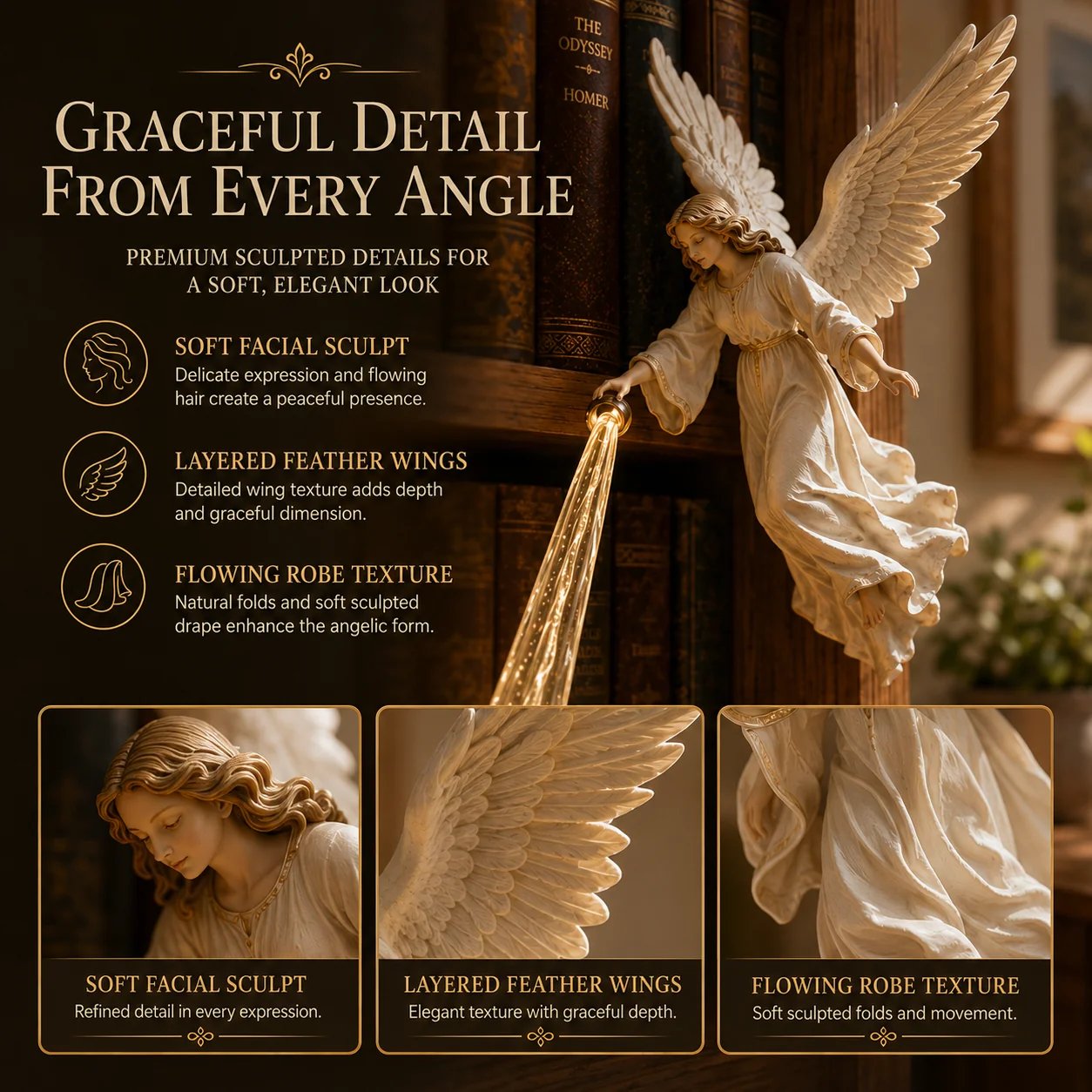 🕊️ Guardian Angel Bookshelf Light | Peaceful Angel Figurine with Warm Golden Beam for Reading Corners, Shelves & Meaningful Gifts ✨