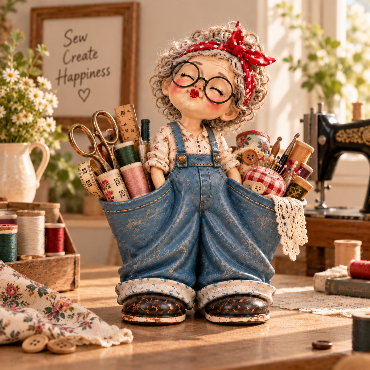 Little Miss Pockets™ – Cute Vintage Girl Organizer with Denim Storage Pockets