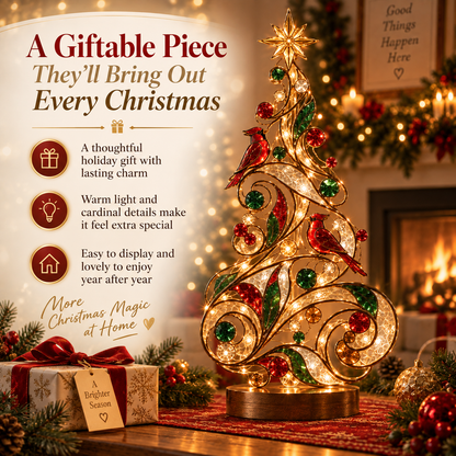 Lighted Stained Glass-Inspired Christmas Tree Tabletop Decor with Cardinal