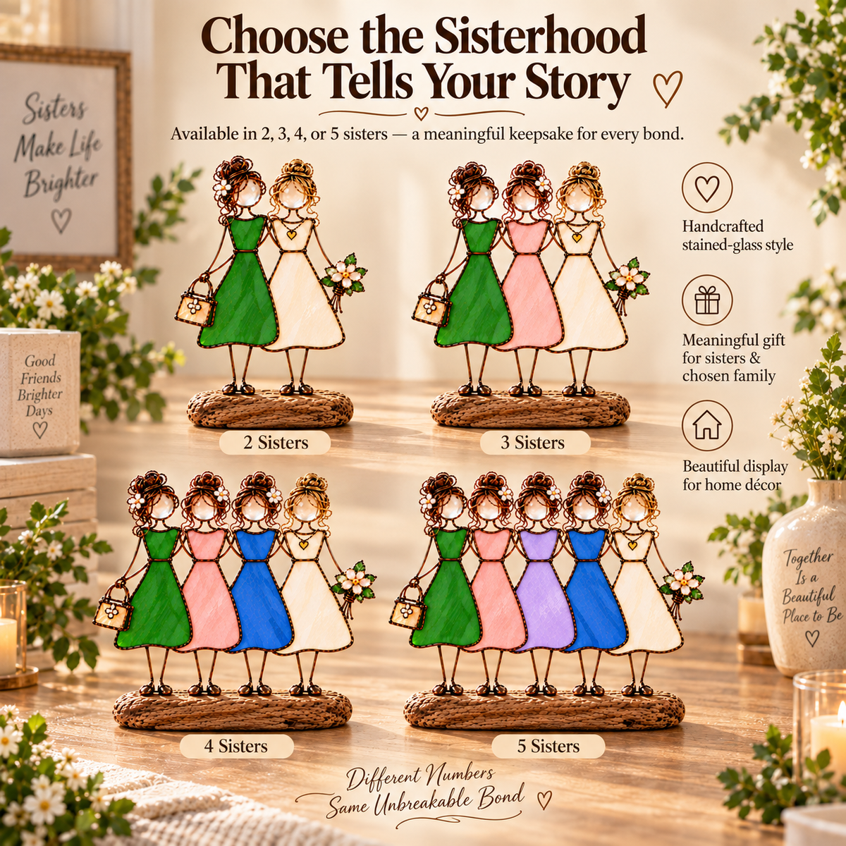 Side by Side Sisters Stained Glass-Inspired Friendship Figurine