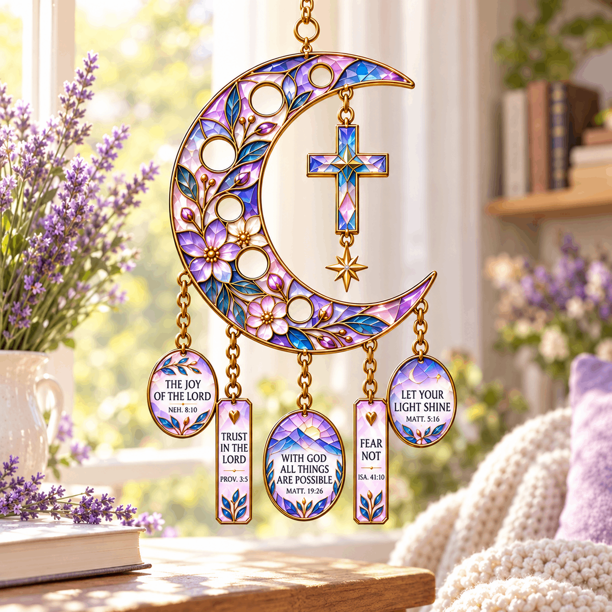 ✨🌙 Crescent Moon of Faith – Scripture Cross Hanging Ornament✝️