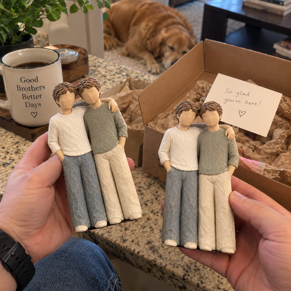 Customer holding two matching brother figurines