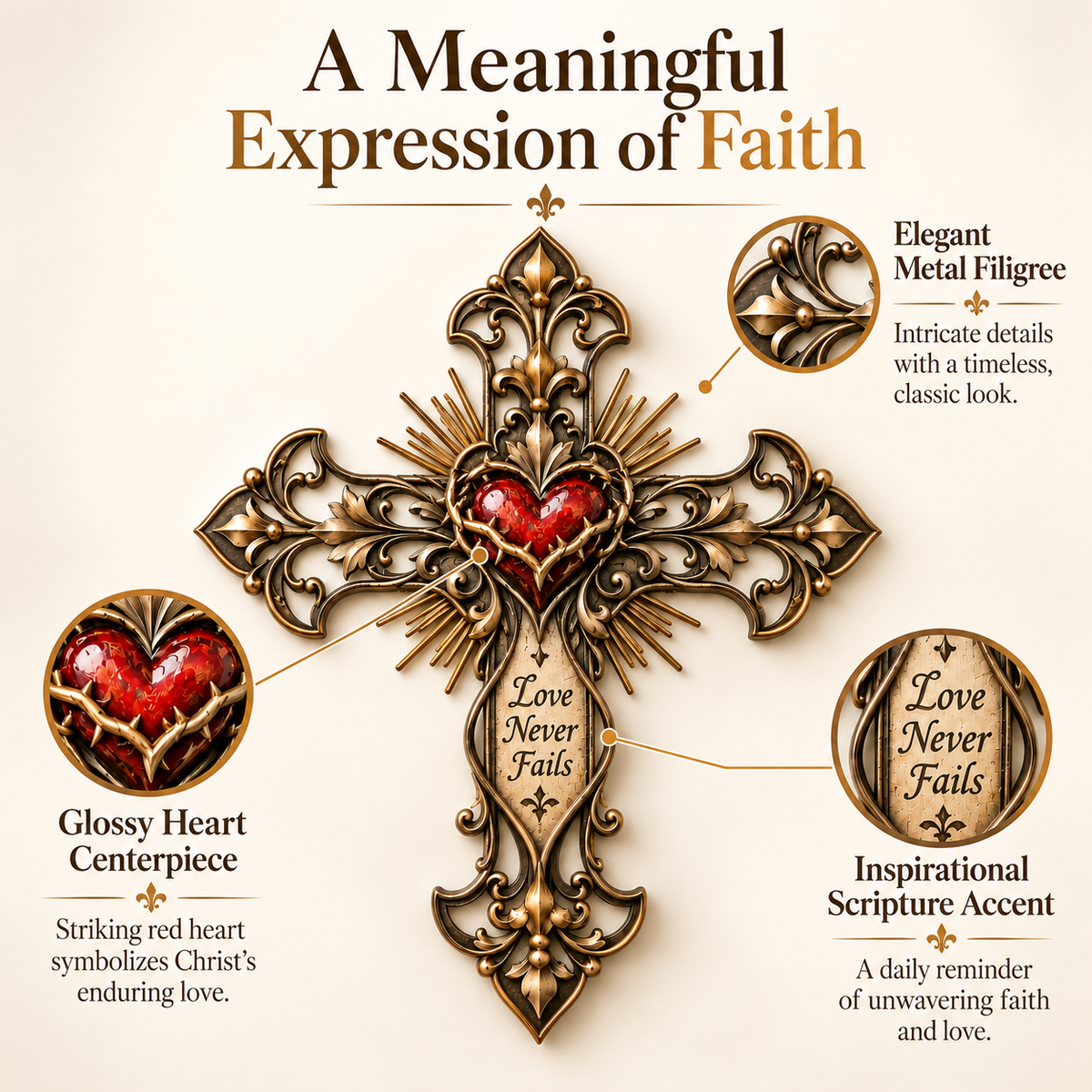 ❤️✝️ Love Never Fails™ – Sacred Heart Metal Cross Wall Decor