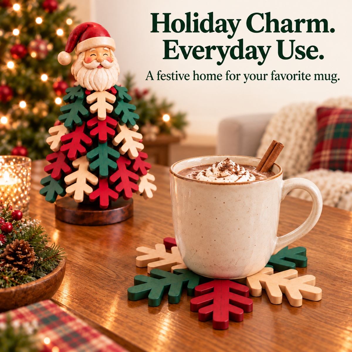🎄 Christmas Snowflake Character Coasters with Festive Tabletop Holder