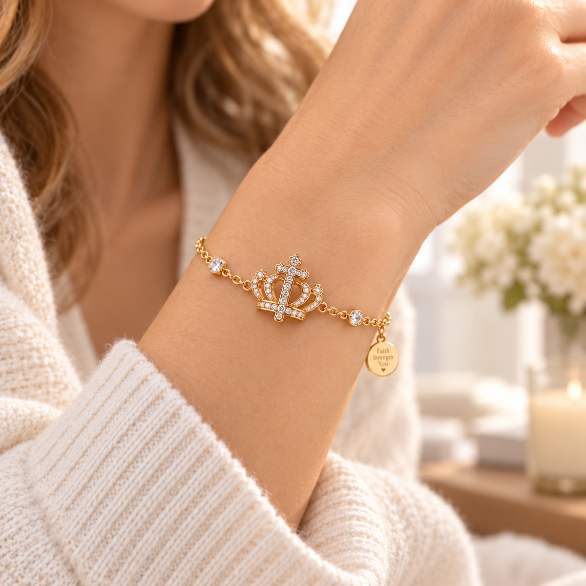 Woman wearing Crown of Faith Cross Bracelet