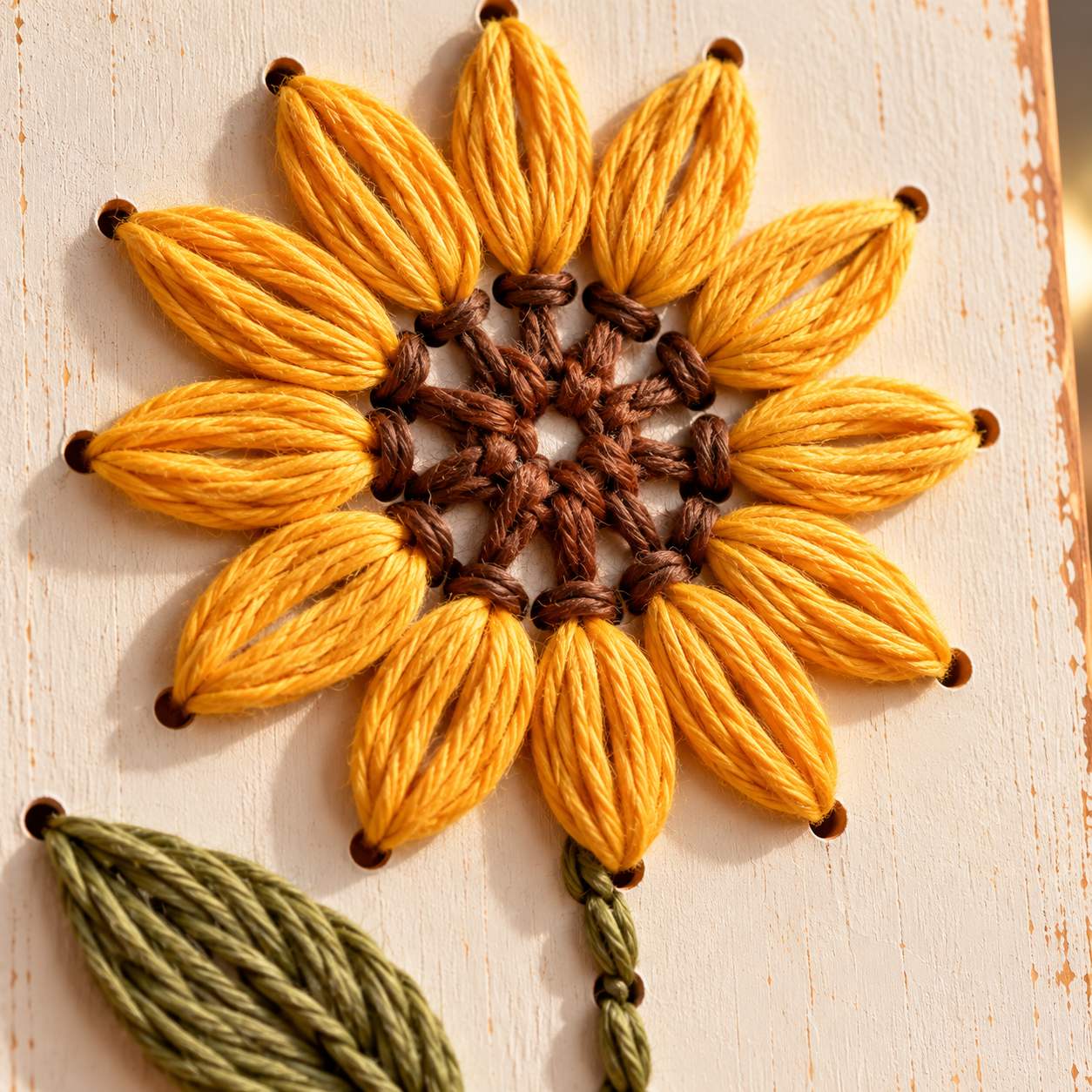 Close-up of prepared holes and sunflower yarn petals