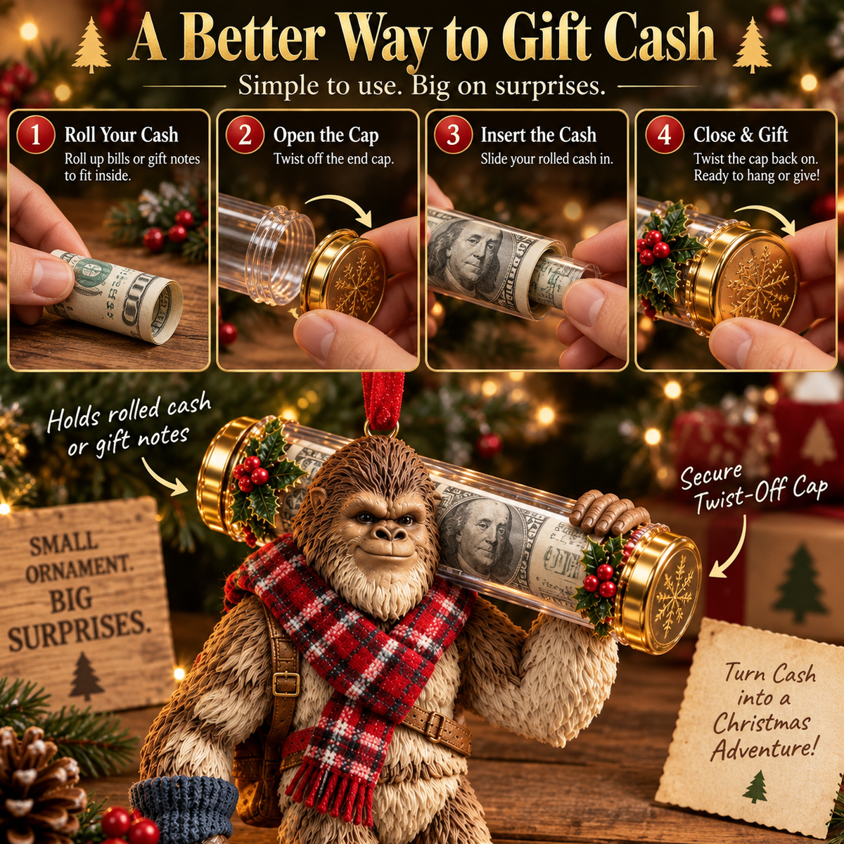 🎄👣 Bigfoot Cash Keeper™ – 15 Funny Christmas Cash Holder Ornaments 💵🎁