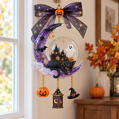 🌙 Handcrafted Enchanting Black Cat Moon Lamp – Halloween Hanging Decorations