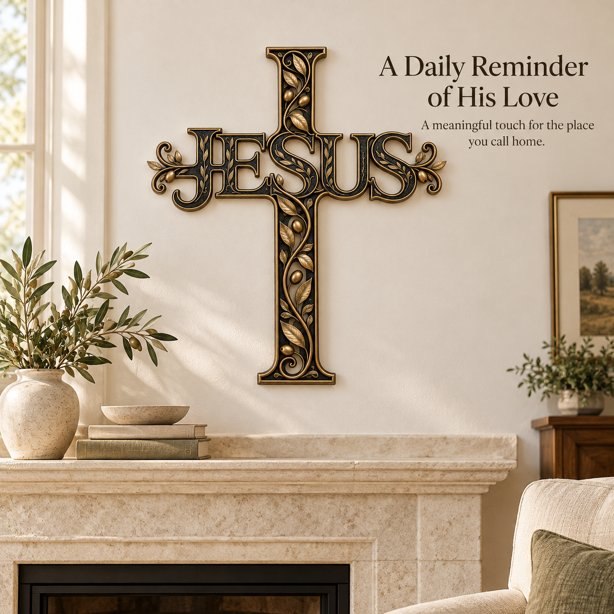 ✝️ His Name, Our Hope – JESUS Olive Vine Metal Cross Wall Art