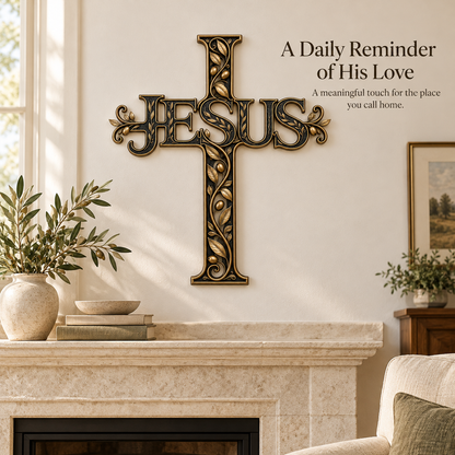 ✝️ His Name, Our Hope – JESUS Olive Vine Metal Cross Wall Art