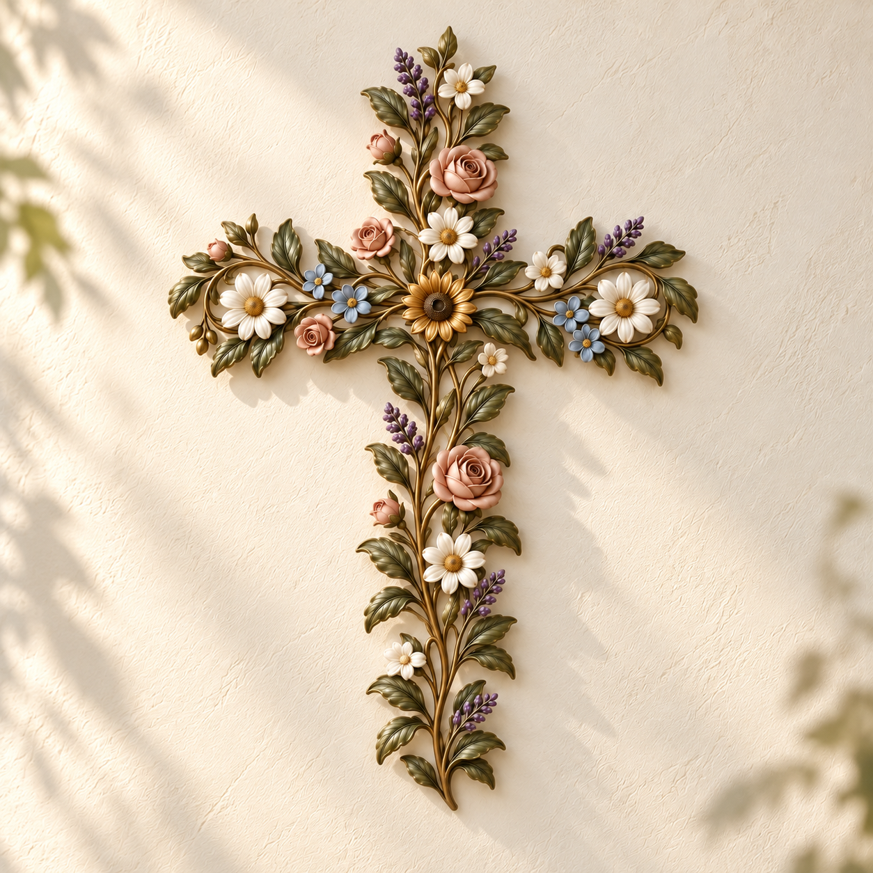 Front view of the floral cross with blush roses, ivory daisies and golden vines