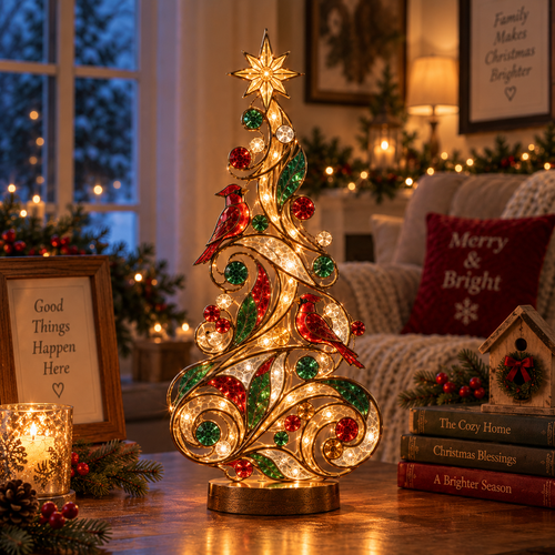 Lighted Stained Glass-Inspired Christmas Tree Tabletop Decor with Cardinal