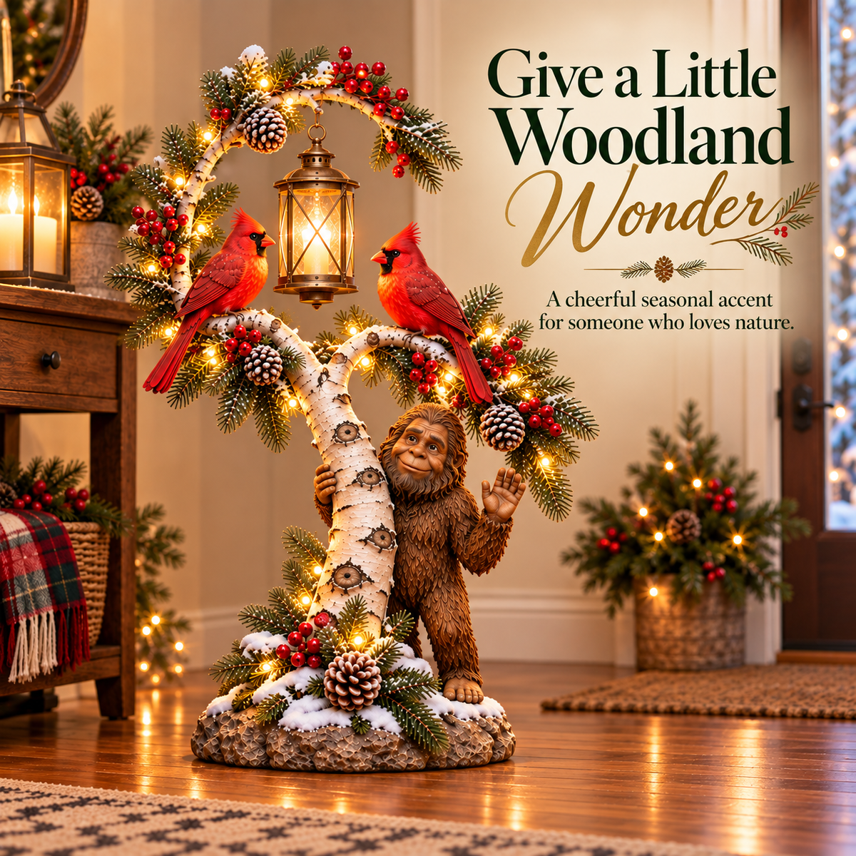 Waving Sasquatch cardinal birch decoration in a warm entryway