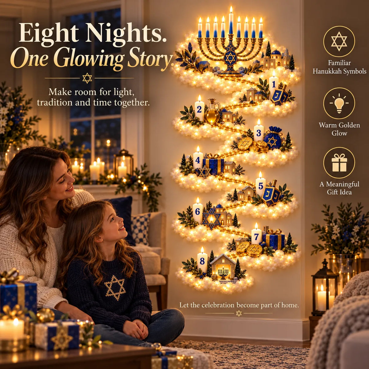 Family enjoying Hanukkah wall decor