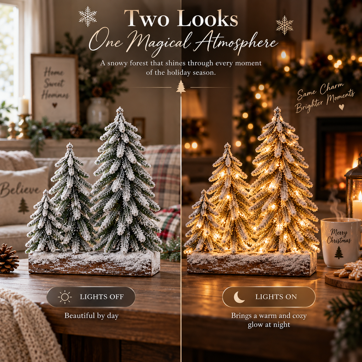 Lights off and lights on comparison of the snowy woodland tabletop forest