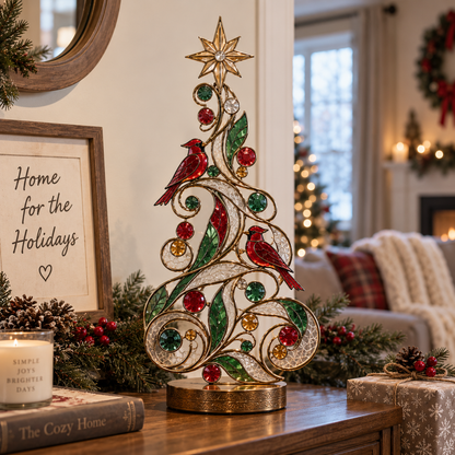 Lighted Stained Glass-Inspired Christmas Tree Tabletop Decor with Cardinal