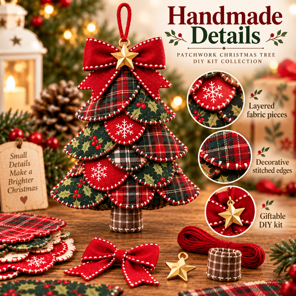 Handmade details of patchwork Christmas tree