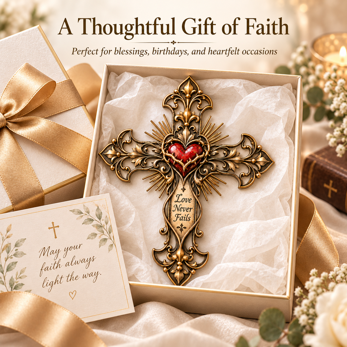 ❤️✝️ Love Never Fails™ – Sacred Heart Metal Cross Wall Decor