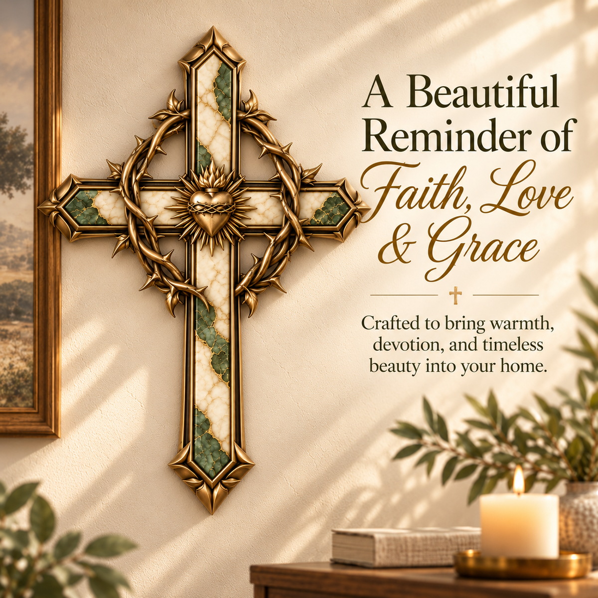 ✝️ Sacred Heart of Grace™ – Crown of Thorns Metal Cross Wall Decor