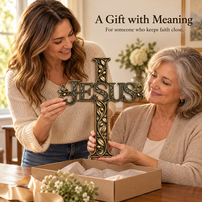 ✝️ His Name, Our Hope – JESUS Olive Vine Metal Cross Wall Art