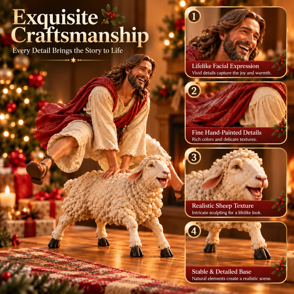 Close-up detail image showing facial expressions robe folds sheep wool and hooves