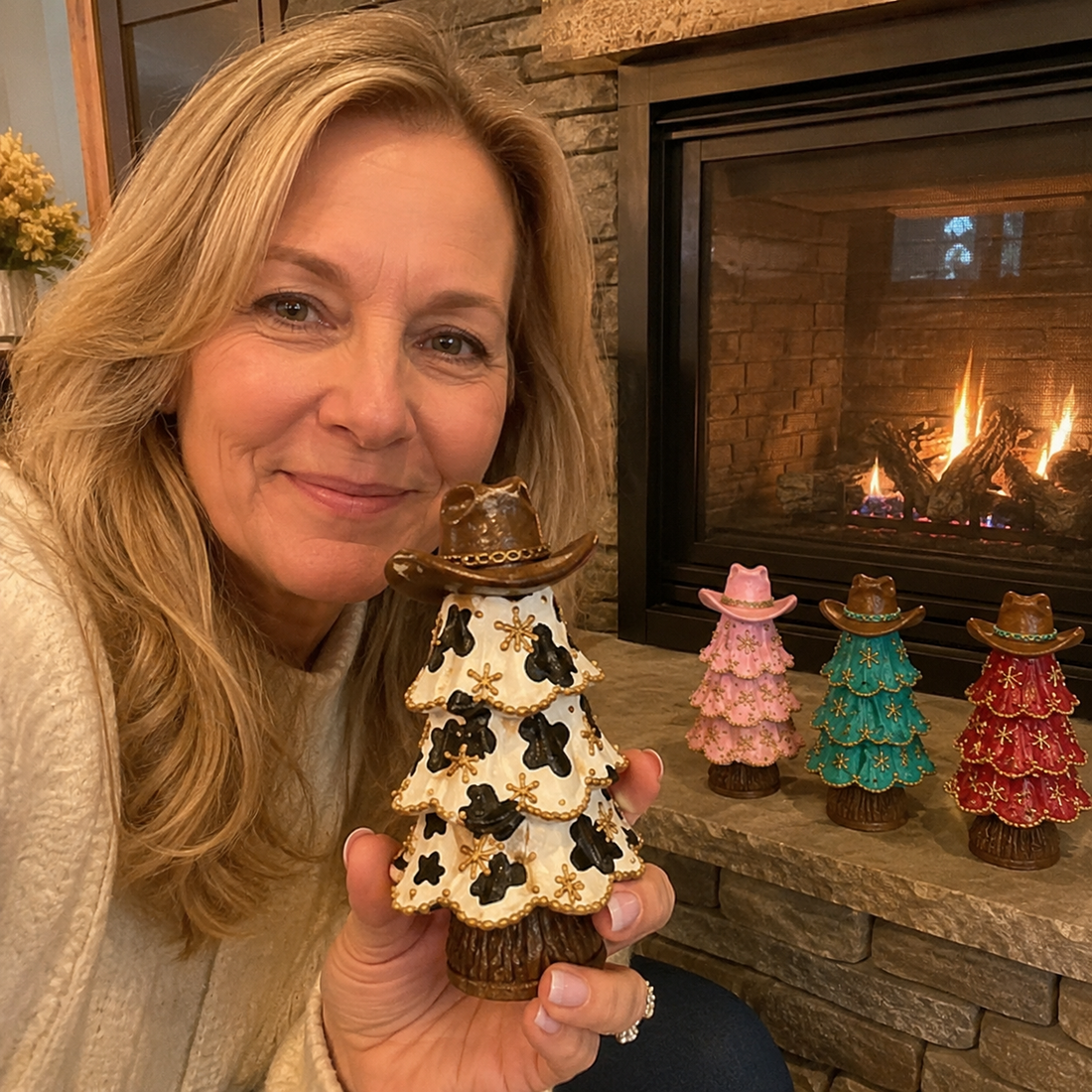Customer holding Cowhide Cowboy Christmas Tree