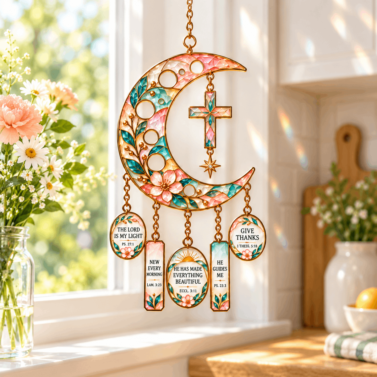 ✨🌙 Crescent Moon of Faith – Scripture Cross Hanging Ornament✝️