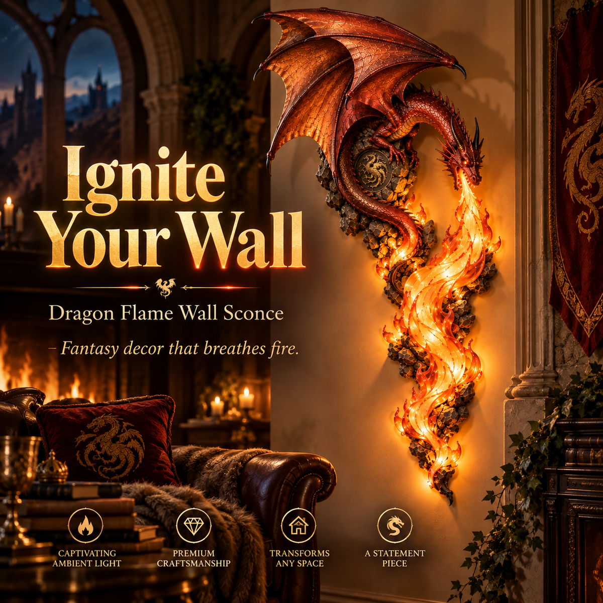 🔥🐲 Dragonfire Awakening – Illuminated Fire-Breathing Dragon Wall Decor