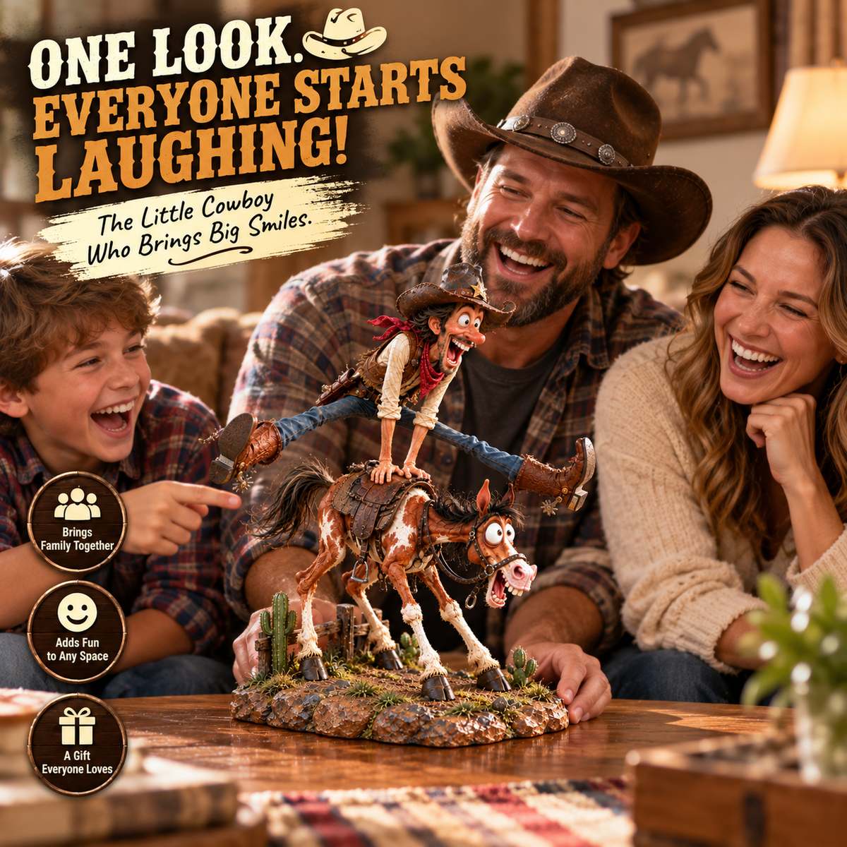 Family enjoying the funny Western cowboy and horse decoration