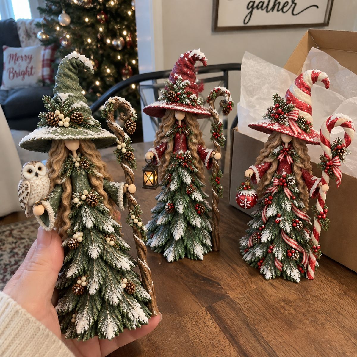 Phone-style photo showing all three Christmas witch figurines