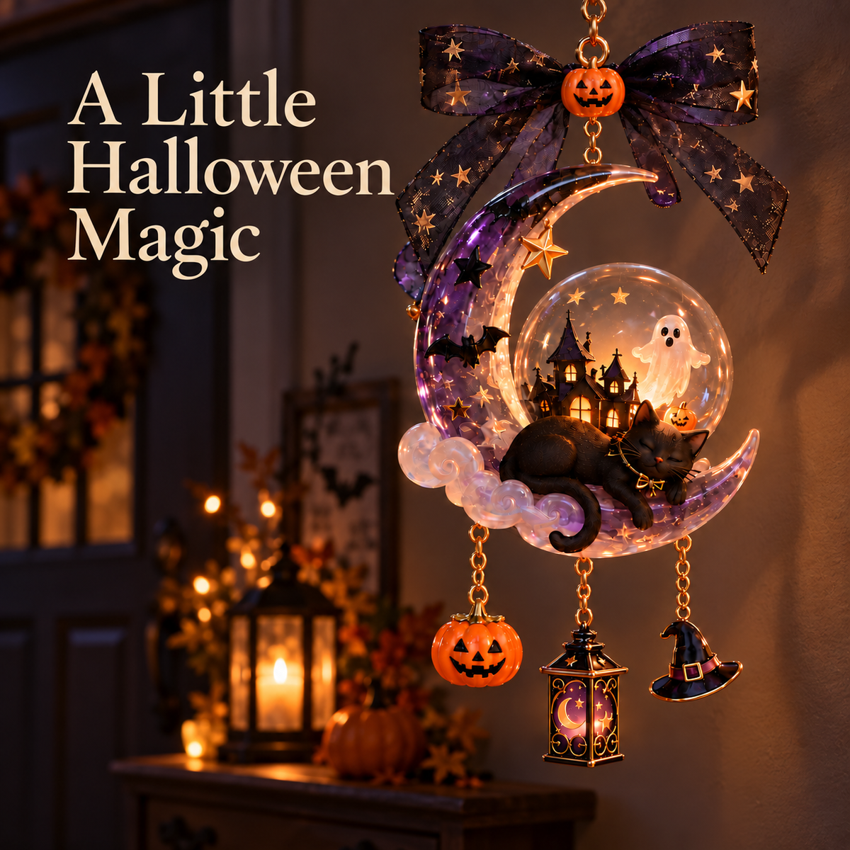 🌙 Handcrafted Enchanting Black Cat Moon Lamp – Halloween Hanging Decorations