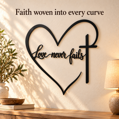 ❤️ Love Never Fails – Heart & Cross Wall Decor