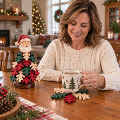 🎄 Christmas Snowflake Character Coasters with Festive Tabletop Holder