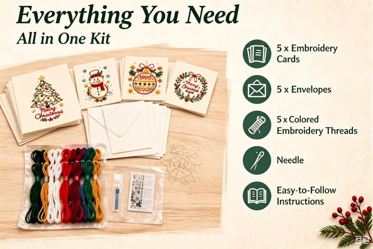 Everything included in embroidery greeting card DIY kit